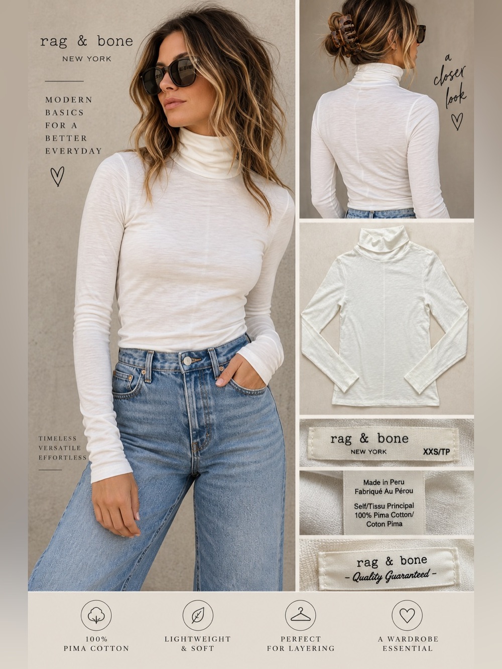 Rag & Bone White Pima Cotton Slub Turtleneck Long Sleeve Top XXS